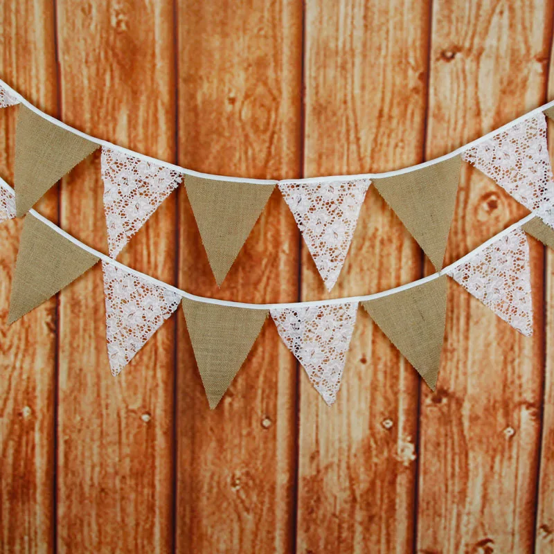 

2.8m 2 Kind 12 Flags Double Color Embroider Flower Lace Linen Fabric Bunting Flag Banner Garland Engagement Wedding Party Decor