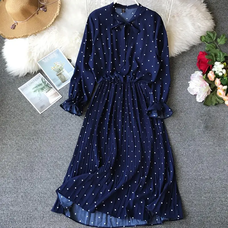 

Boho Polka Dot Bowknot Pleated Women Dress A-line Long Sleeve Vintage High Waist Maxi Dresses Spring Summer Elegant Vestidos