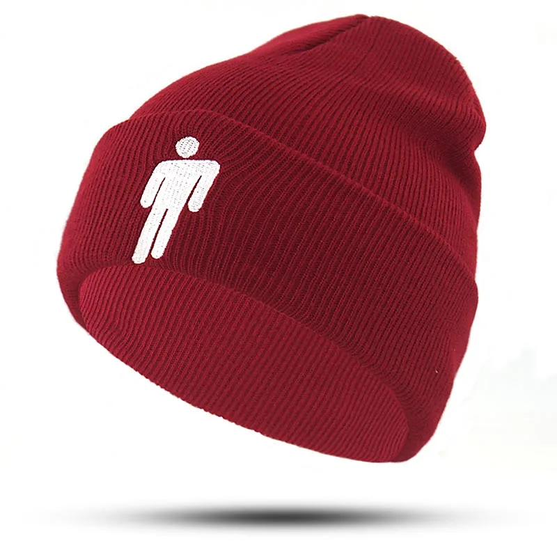 Хлопок Billie Eilish вязаная шапочка, шапка, мягкие гибкие модные шапочки с мультяшной вышивкой, теплые зимние шапки в стиле хип-хоп - Цвет: Красный