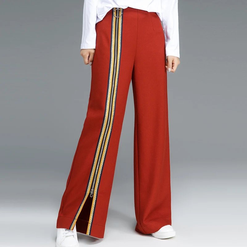 Spring Autumn High Street Woman Wine Red Black Fake Zipper Decoration