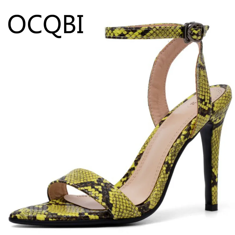 

Womens Summer Shoes Single Strap Open Pointed Toe High Heel Sandals Street Shoes Snake-grain Pattern Yellow Sandals