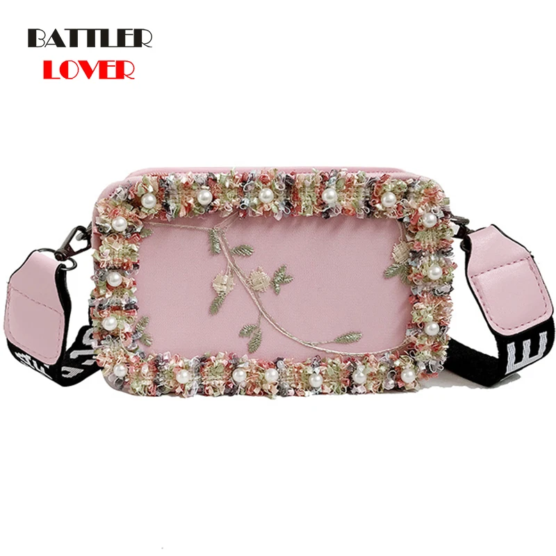 Women Luxury Evening Bags Ladies Wedding Party Pearl Flower Bride Handbag Girls Crossbody Clear Hard Box Clutch Chain Flap Bag