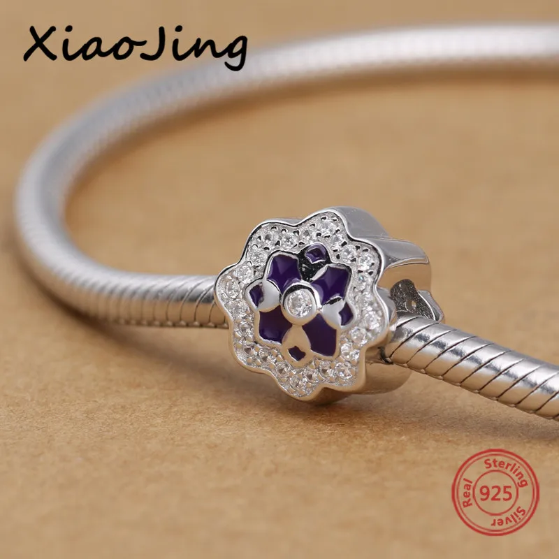 

New arrival purple enamel flower charms 925 sterling silver diy beads with CZ fit original European bracelet Jewelry women Gifts