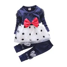 Новая весенне-Осенняя детская одежда для маленьких девочек костюм из двух предметов с длинными рукавами и бантом детская одежда для младенцев