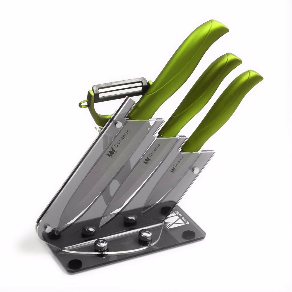 XYJ набор керамических ножей с черным лезвием, 3 шт, кухонные ножи, черный+ зеленый нож+ акриловый нож, подставка, высокое качество, кухонные инструменты