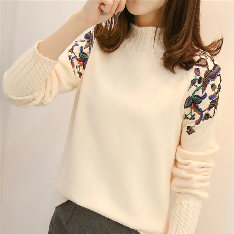 

2019 female half turtleneck sweater female sleeve head embroidery twist loose all-match long sleeved bottoming sweaters cardigan
