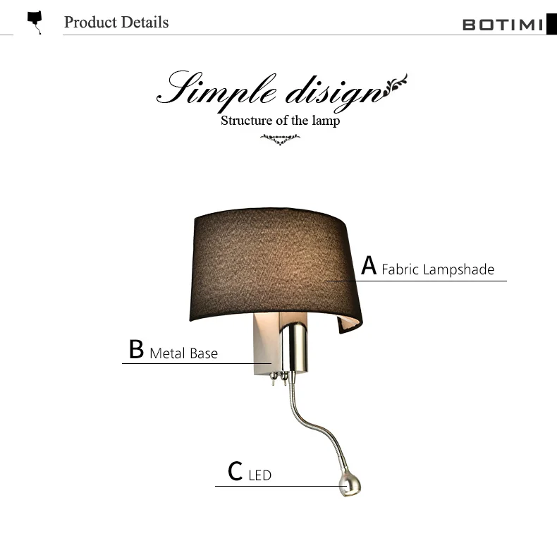 Conduziu a Luz da Parede com Tecido Abajur para o Quarto de Cabeceira Botimi Moderno Applique Murale Luminária Led Arandela Luz Quente 12 modern led wall light