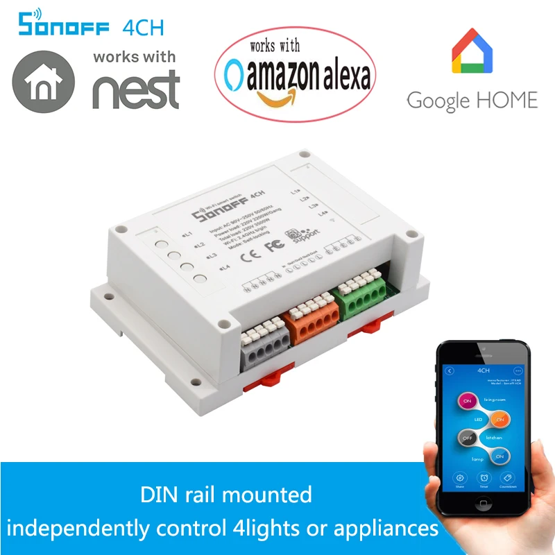

Sonoff 4CH -4 Channel Wifi Smart Switch Universal Din Rail Mounting Smart Home Appliance IOS Android Remote Turn ON or OFF