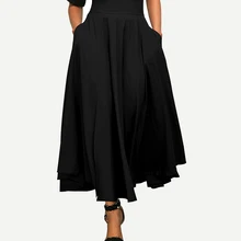 Плиссированные женские юбки с высокой талией, черная юбка длиной до щиколотки, юбки на молнии карманы, свободные юбки с бантом,, Осенние однотонные женские юбки