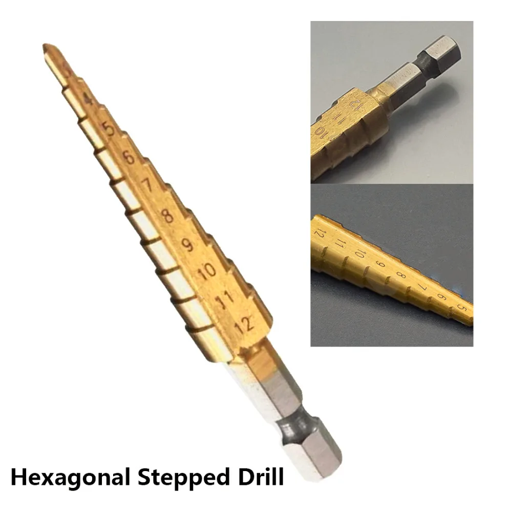 1/4 Hex Handle 3 12mm HSS Titanium Coated Stepped Drill Bits Power Tool