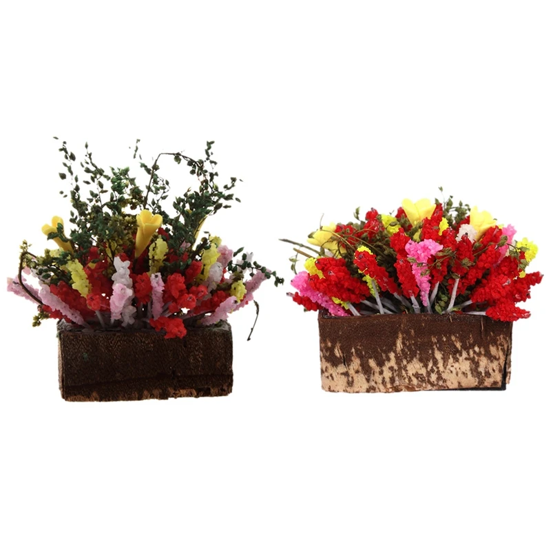 

2 PCS 1/12 Dollhouse Miniature Multicolor Flower Bush With Wood Pot (Color: Multicolor)