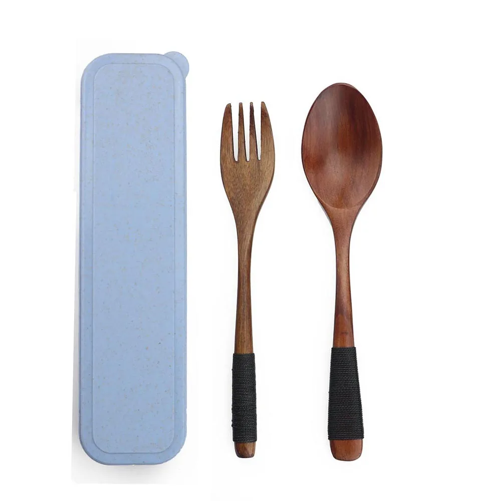 

3PCS/set Wood Portable Tableware Wooden Cutlery Sets Travel Dinnerware Suit Environmental Elegant with Case Pack Gift for school