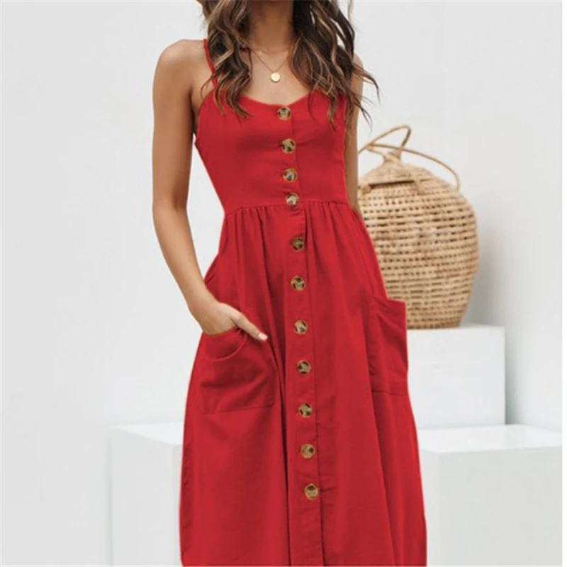 

Elegant Button Women Dress Polka Dots Red Cotton Midi Dress Summer Casual Female Plus Size Lady Beach