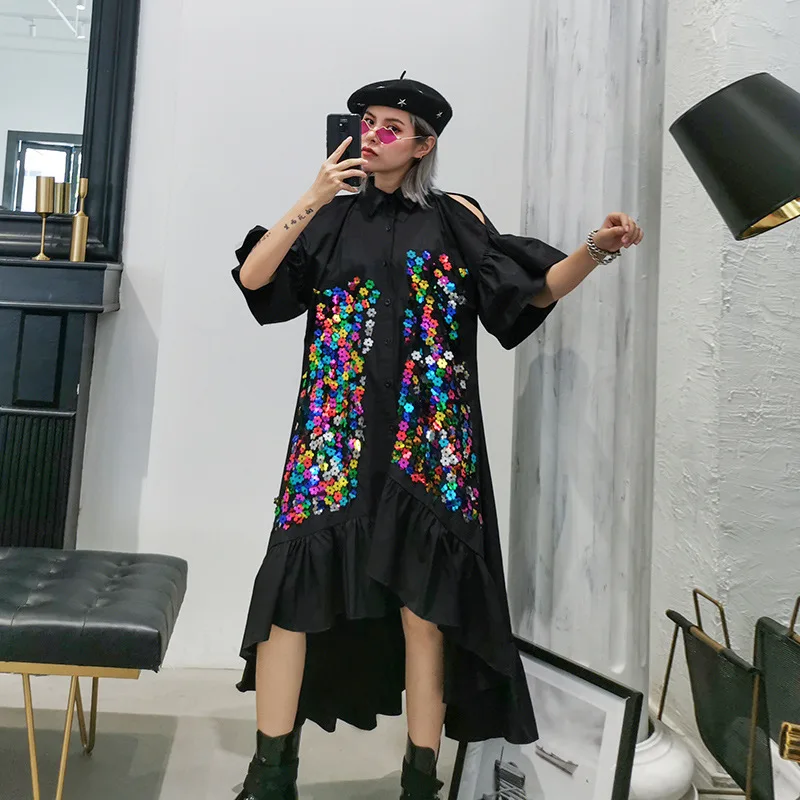 

Aiweier Casual Self Portrait Korean Dress Lapel Shirt Woman Dress 2019 Summer Loose Sequined Ladies Street-wear Cotton Dress