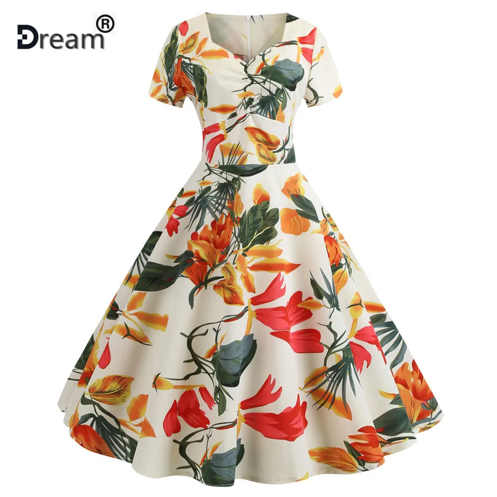 

Women Summer Swing Vintage Dress Short Sleeve Elegant Prom Party Midi Dresses Plus Size High Waist Floral Print Beach Dress 2019