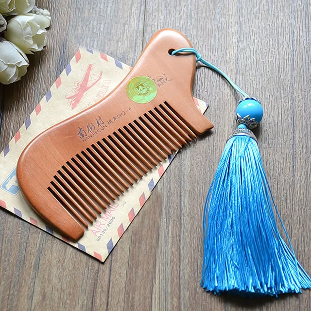 Party Favors Natural Peach Wood Mini Comb with tassel Close Teeth Head Massage Hair Care Tools Hairbrush Hairdressing Accessory 3