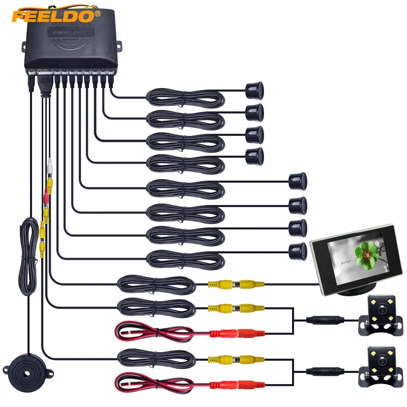 

FEELDO 1set Car 8 Sensors/4-LED CCD Camera/3.5" Monitor Front&Rear Dual View Parking Sensor Rear View System #CT-4449