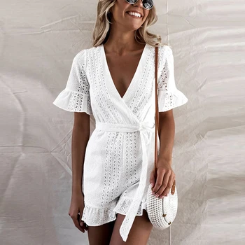 

Tosheiny 2020 Women Sexy Deep V Overall Short Sleeve Belt Hollow Out Backless Rompers Elegant Solid Color Playsuit TH0047