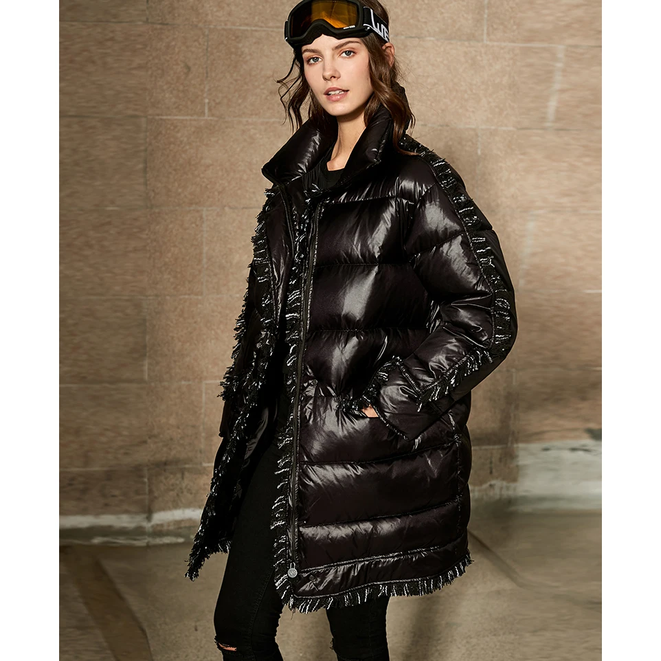 Down Jacket Coat Women 2018 Fall Winter White and Black Puffer Jacket Long Bubble Coat with Tweed Tassels Decorated Edge