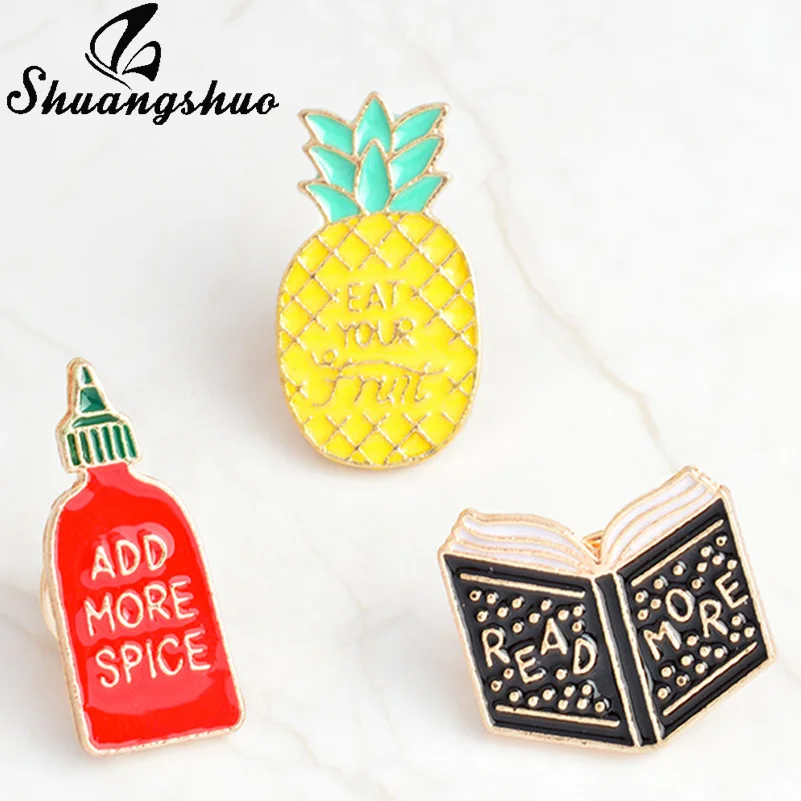 

ShuangShuo Pineapple Enamel Pin Book Spice Bottle Pin Badge "READ MORE,ADD MORE SPICE,EAR YOUR FRUIT" Lapel Pin Women Jewelry