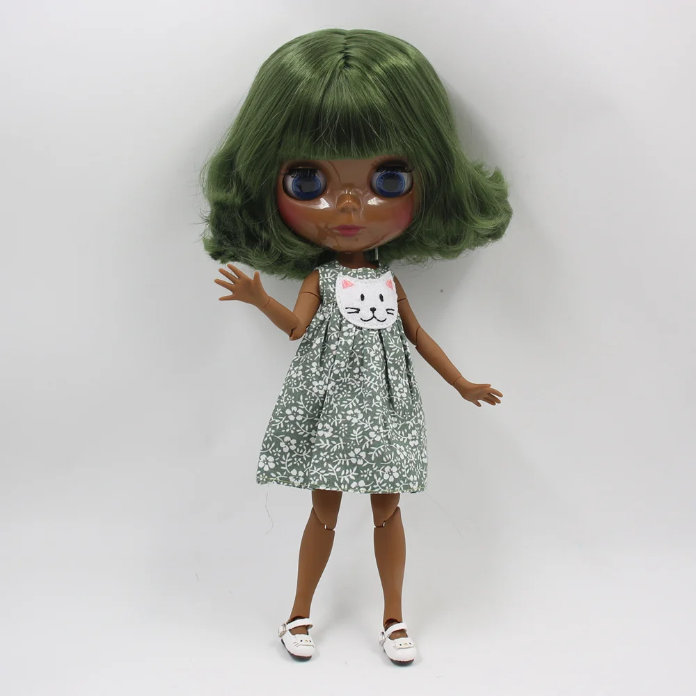 Blyth joint body nude doll зеленый короткий кудрявый волос wiyh челка супер темная кожа 30 см подходит DIY Специальная цена только один