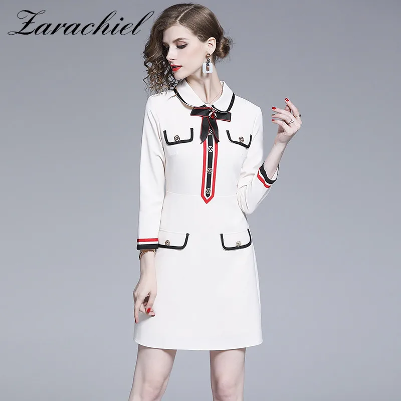 

Runway Designer Bees Diamonds Bow Dress Women Autumn Wrist Sleeve Vintage Gold Button Pocket Trim Patchwork Striped Mini Dress