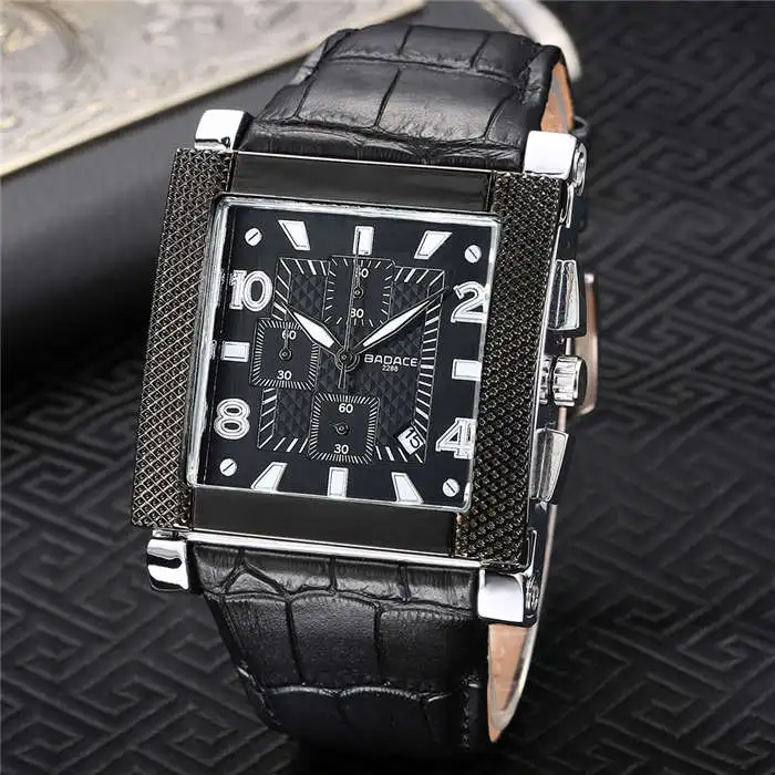 BADACE, роскошные Брендовые мужские деловые наручные часы, повседневные, квадратные часы, спортивные часы, настоящий кожаный ремешок, кварцевые мужские часы, s часы 2288 - Цвет: black