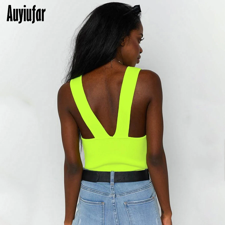 

Auyiufar New Backless Neon Yellow Jumpsuit Women O Neck Solid Skinny Bodysuit 4 Color Rompers 2019 Casual Female Jumpsuit