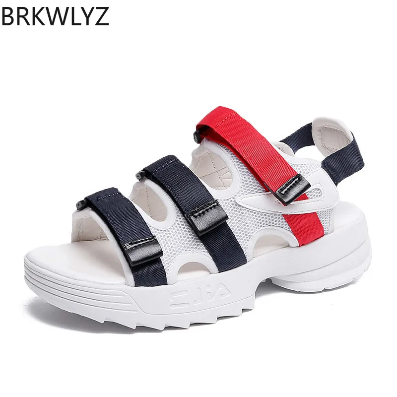 

BRKWLYZ 2019 Summer New Sandals Shoes Woman Fashion Thick Bottom Flat Platform Sandals PU Leather Ladies Sandals