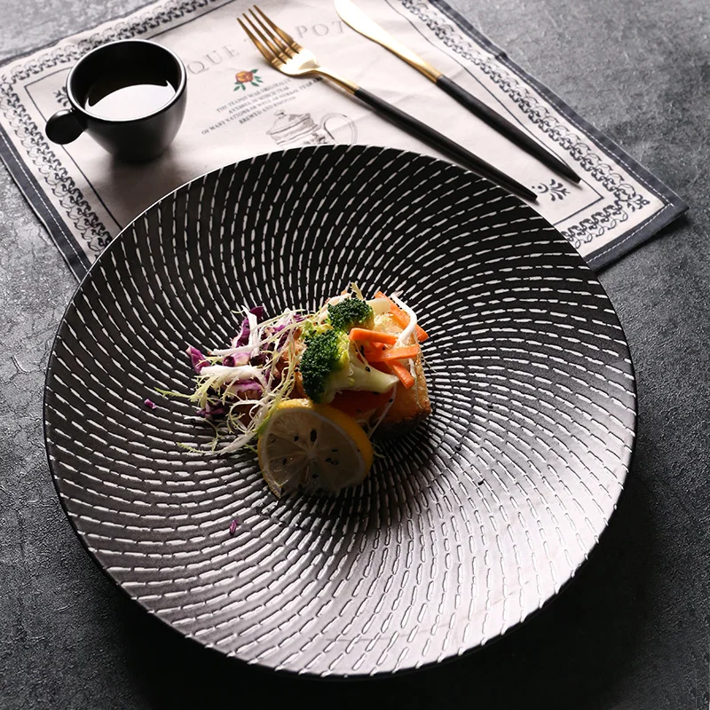 

Western-style Cutlery Black Spiral Texture Under Glazed Ceramic Vegetables Steak Plate Spaghetti Square Plate Dish Saucer Bowls
