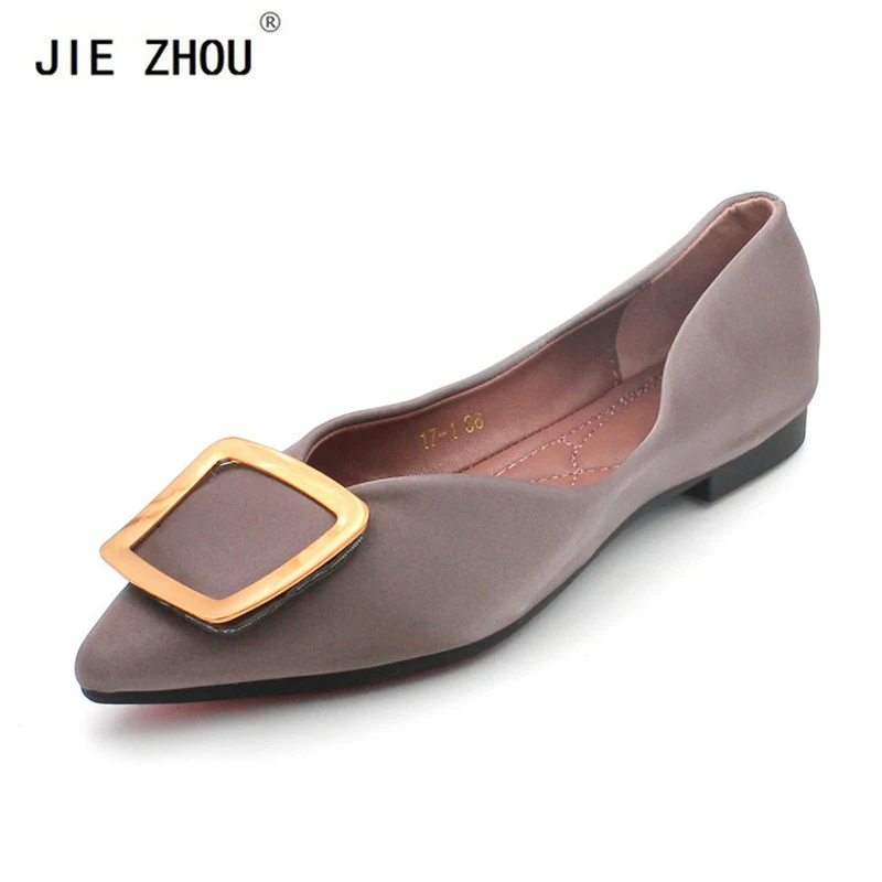 

Elegant Women Flats Metal Buckle Flat Casual shoes Woman Silk Pointed Toe Brand Women shoes Fashion Boat Shoes