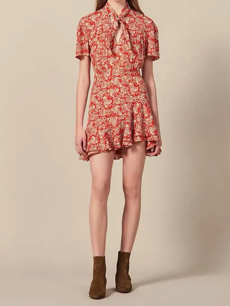 

2019 French Elegance New Women Mini Dress Autumn and Wintert ruffled ladies Slim irregular women's Red short dress holiday