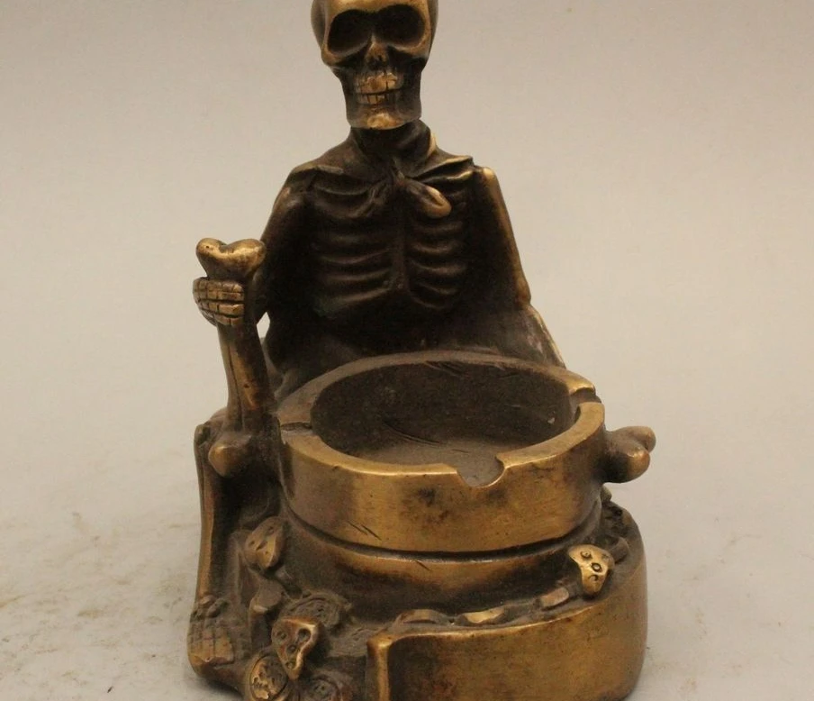 

6" Chinese Fengshui Folk Bronze Money Yuan Bao skull consort Statue ashtray