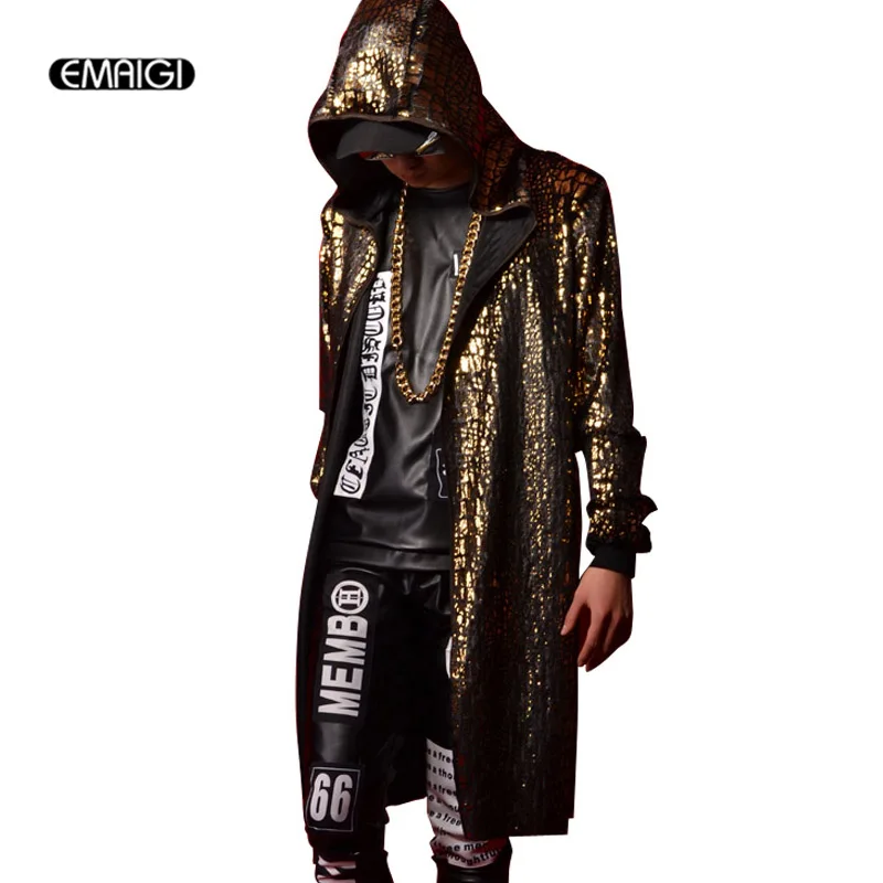 Image Golden Crack Hooded Cloak Trench Coat Men Women Nightclub Stage Costumes Male Long Cardigan Coat Windbreaker Jacet