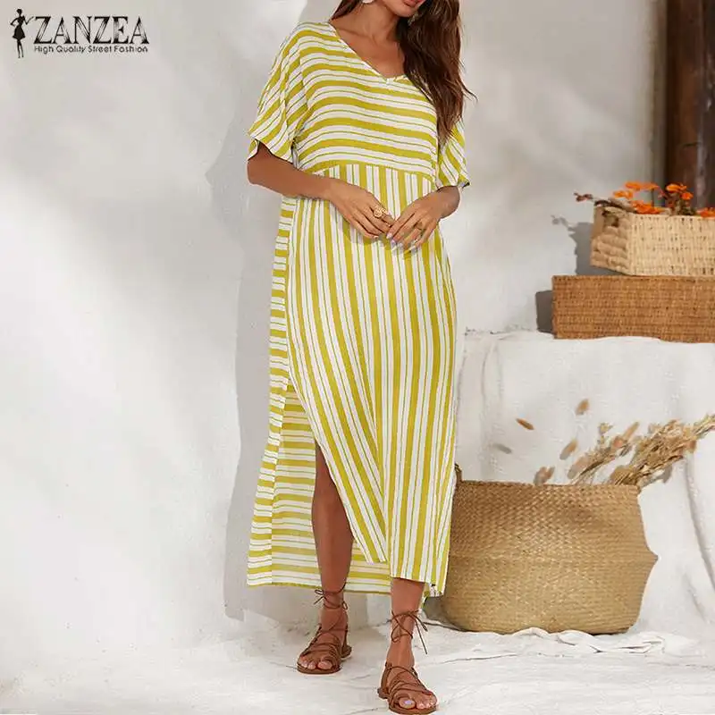 2019 Summer ZANZEA Women Sundress Striped Print Dress Ladies Long Maxi Dresses Beach Vestidos Tunic Robe Femme Party Dresses 5XL