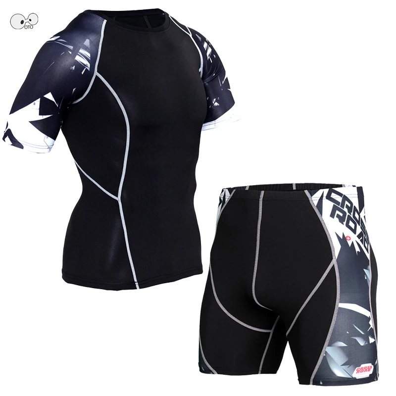 

Two Piece Set Men Short Sleeve Compression Running Suits Men 3D Printed Gym Fitness Tights Quick Dry Running T Shirt And Shorts
