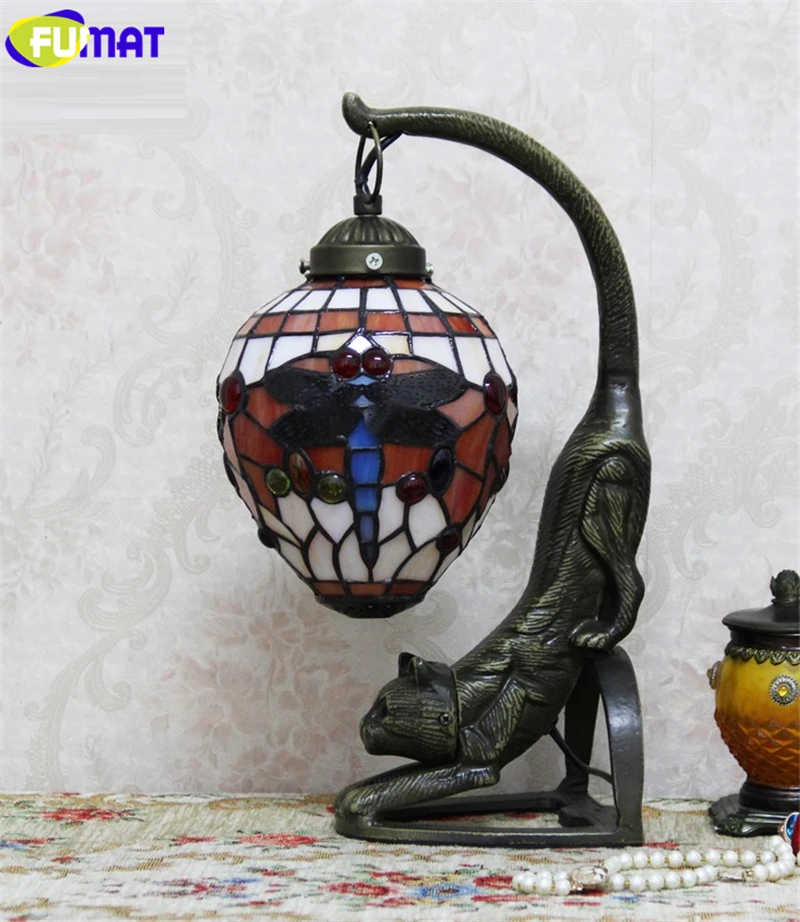 8005 FUMAT Stained Glass Tiffany Desk Lamp Dragofly Cat Kerosene Lamps Decorative European Style LED E27 Table Reading Luxury Light