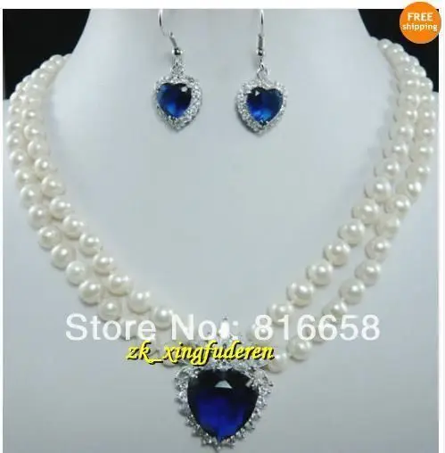 

hot Free shipping@@Fashion white pearl & Blue faced Crystal pendant necklace earring set