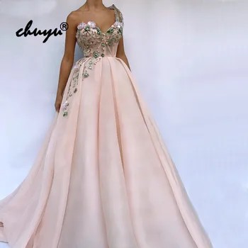 

Pink Muslim Evening Dresses One Shoulder Lace Flowers vestido de festa Islamic Dubai Saudi Arabic Evening Gown Prom Dress