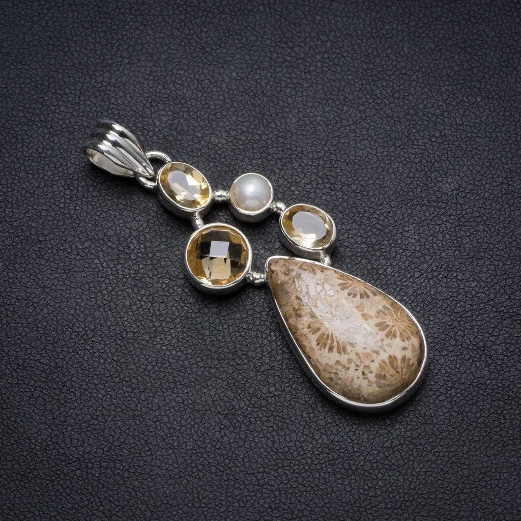 

Natural Chrysanthemum Jasper,Citrine andRiver Pearl Handmade Unique 925 Sterling Silver Pendant 2" X0922