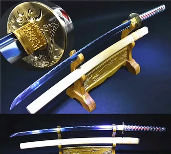 

Handmade Japanese Samurai Katana Sword Sharp Carbon Steel Blue Blade White Wood Scabbard