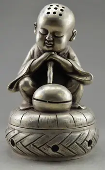 

Collectible Decorated Old Handwork Tibet Silver Carve Monk Prayer Incense Burner
