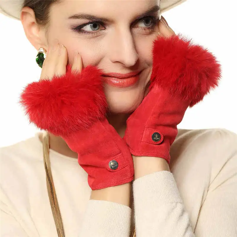 Модные зимние замшевые перчатки без пальцев из кроличьей шерсти, женские перчатки для вождения из натуральной кожи EL019NC - Цвет: Красный