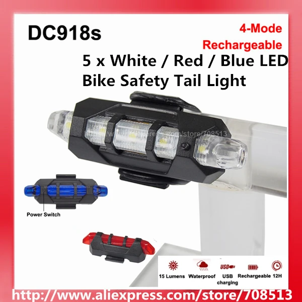 

New DC918s High Power White / Red / Blue LED Light 4-Mode Rechargeable Bike Light