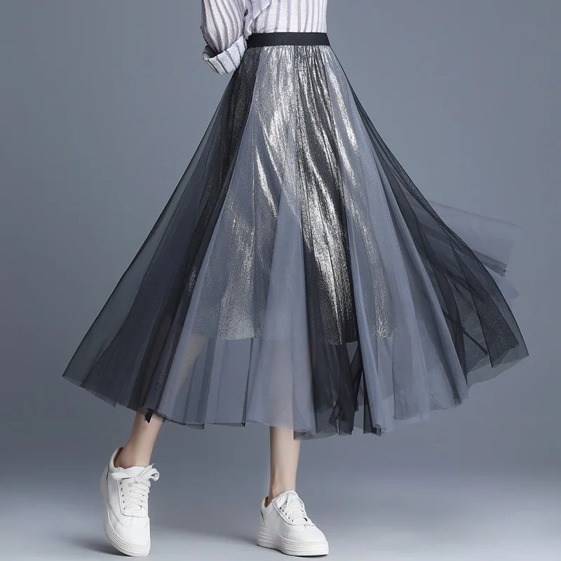 1630 летняя плиссированная юбка Для женщин миди элегантные Высокая Талия Разделение совместных Тюлевая юбка для взрослых блестящая юбка миди офисные юбки женский, сетчатый
