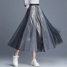 1630 летняя плиссированная юбка Для женщин миди элегантные Высокая Талия Разделение совместных Тюлевая юбка для взрослых блестящая юбка миди офисные юбки женский, сетчатый