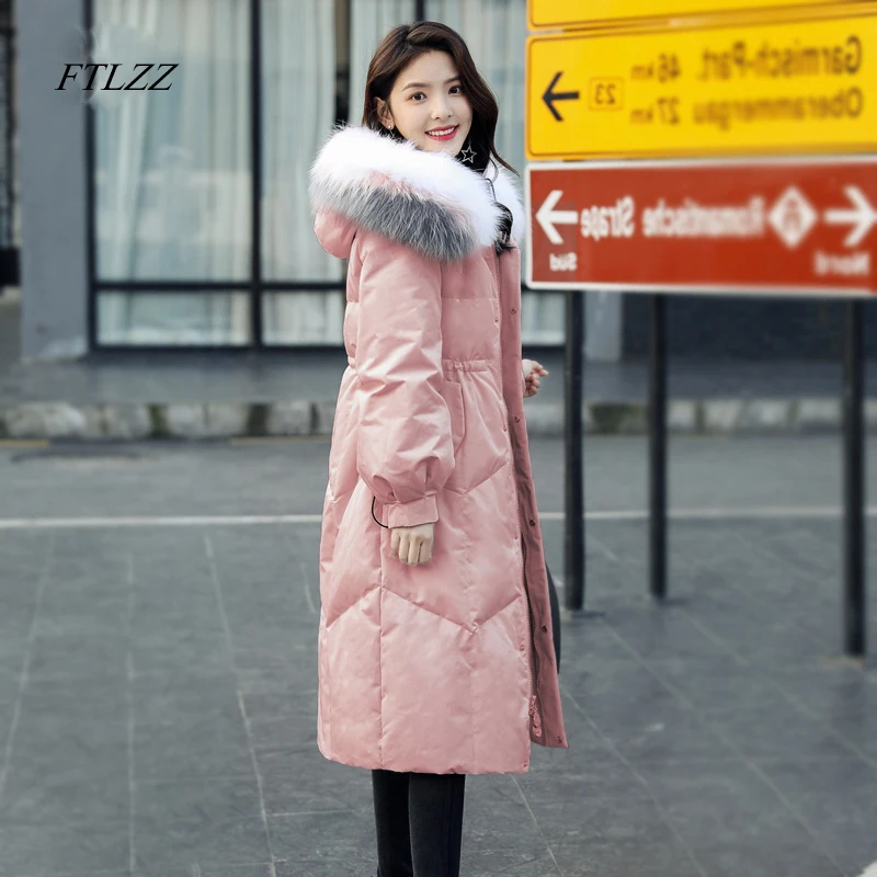 

FTLZZ 2018 Coloured Collar Real Fur Parkas Winter Women's Hooded 90% White Duck Down Jacket Warm Outwear Women