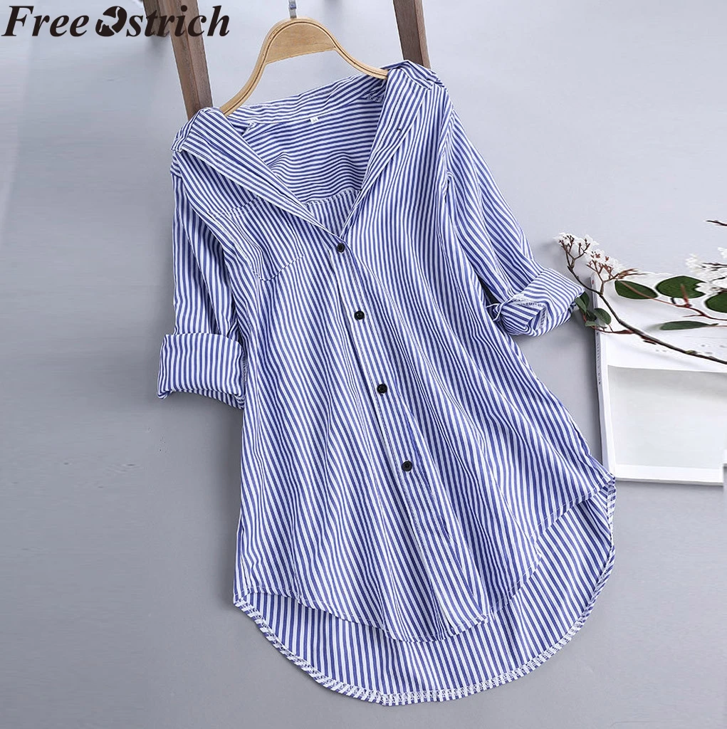 

Summer Women Cotton Loose Striped Shirt Long Sleeve Blue White Stripes Casual Blouse Plus Size Breathable Fashion Lapel Tops