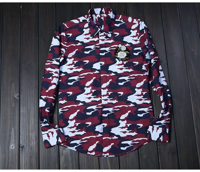 New Red Camouflage Shirts Men's Long Sleeved Embroidery Flowers Shirts