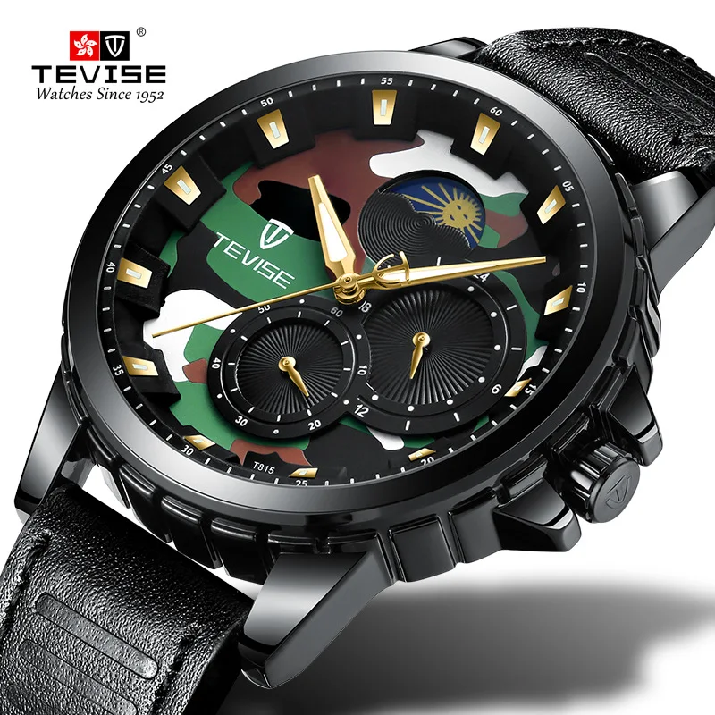 

TEVISE Waterproof Automatic Mechanical Watch Men Moon Phase Genuine Leather Self-Winding Watches Man Casual Wristwatch + Box